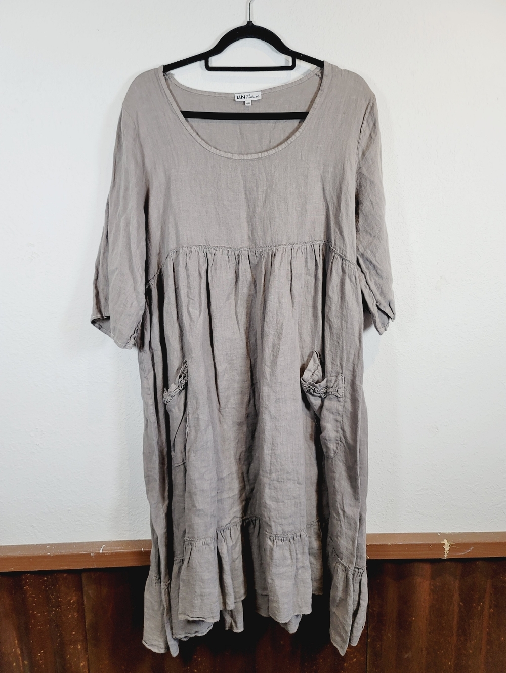 LIN Nature Light Taupe Linen Babydoll Dress, Size 48 (S/M)